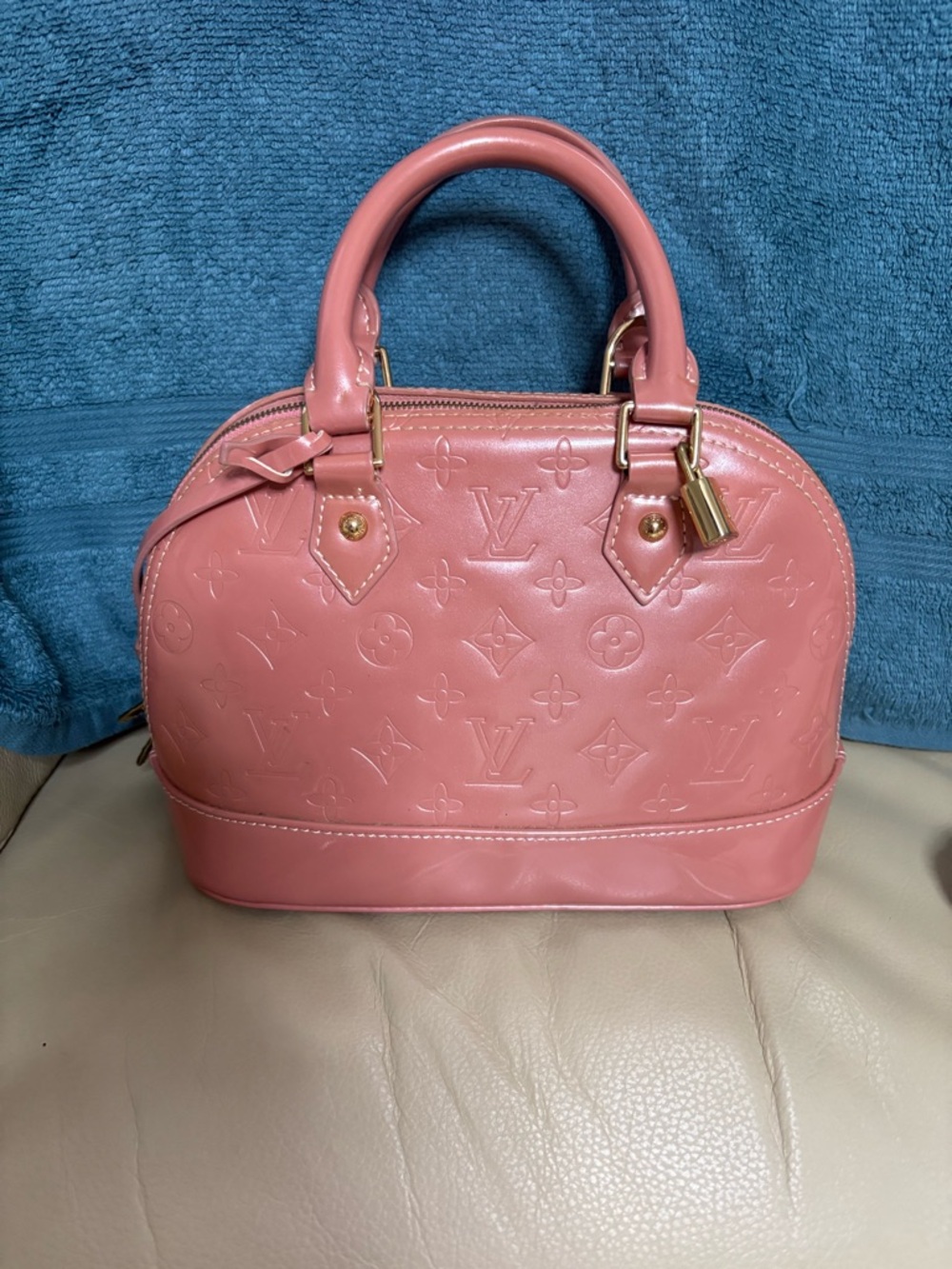 Pink Vernis Alma BB Satchel with Gold Hardware